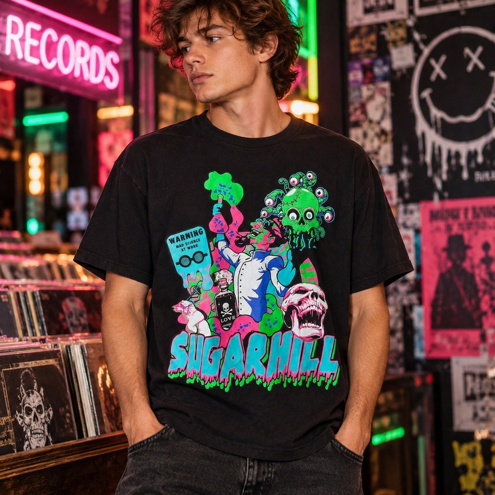 Sugarhill Mens Graphic T Shirt Sz L Horror Punk Y2K Streetwear Stay Awake Black